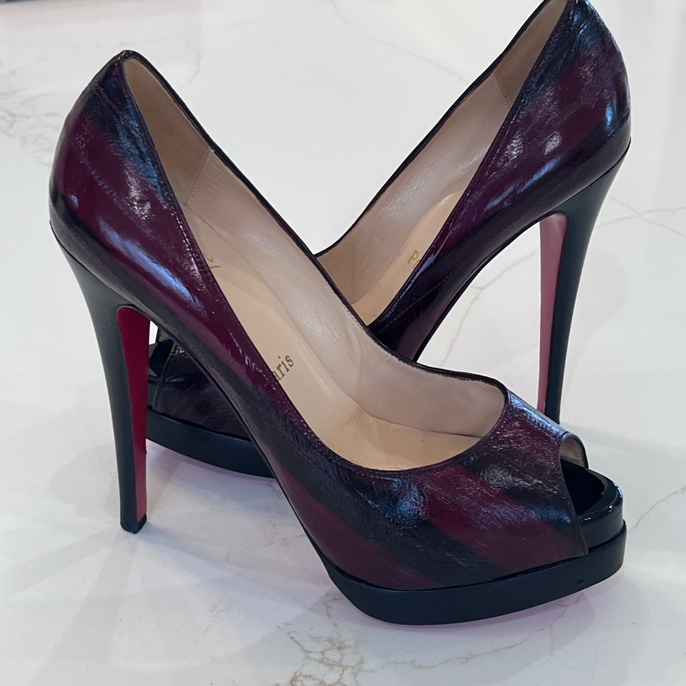 CHRISTIAN LOUBOUTIN Altadama 140 EEL SKINS Burgundy Red Black Pumps Shoes 37.5